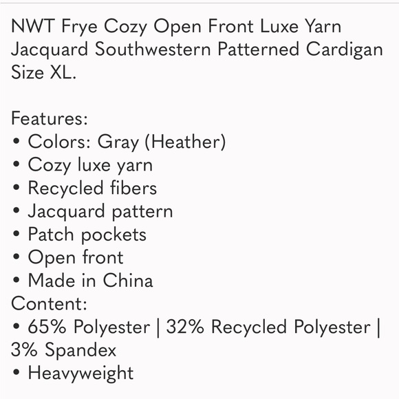 Frye Cozy Open Front Luxe Yarn Jacquard Southwestern Patterned Cardigan Size XL - Picture 9 of 10